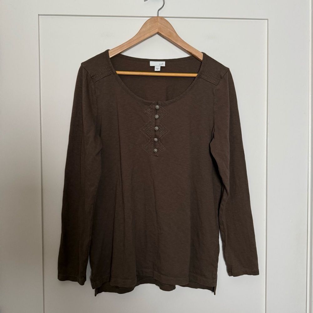 J Jill Top Women Sz M Brown Embroidered Long Sleeve 1/4 Button Round Neck Cotton